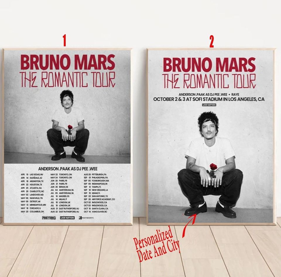 Custom Bruno Mars The Romantic Tour 2026 Poster