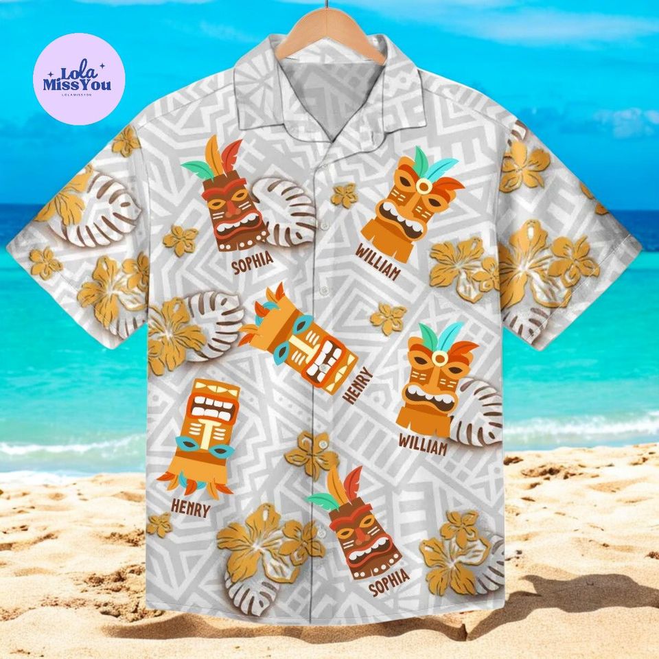 Personalized Tiki Hawaiian Shirt, Custom Name Tropical Button Up, Polynesian Mask Print Shirt
