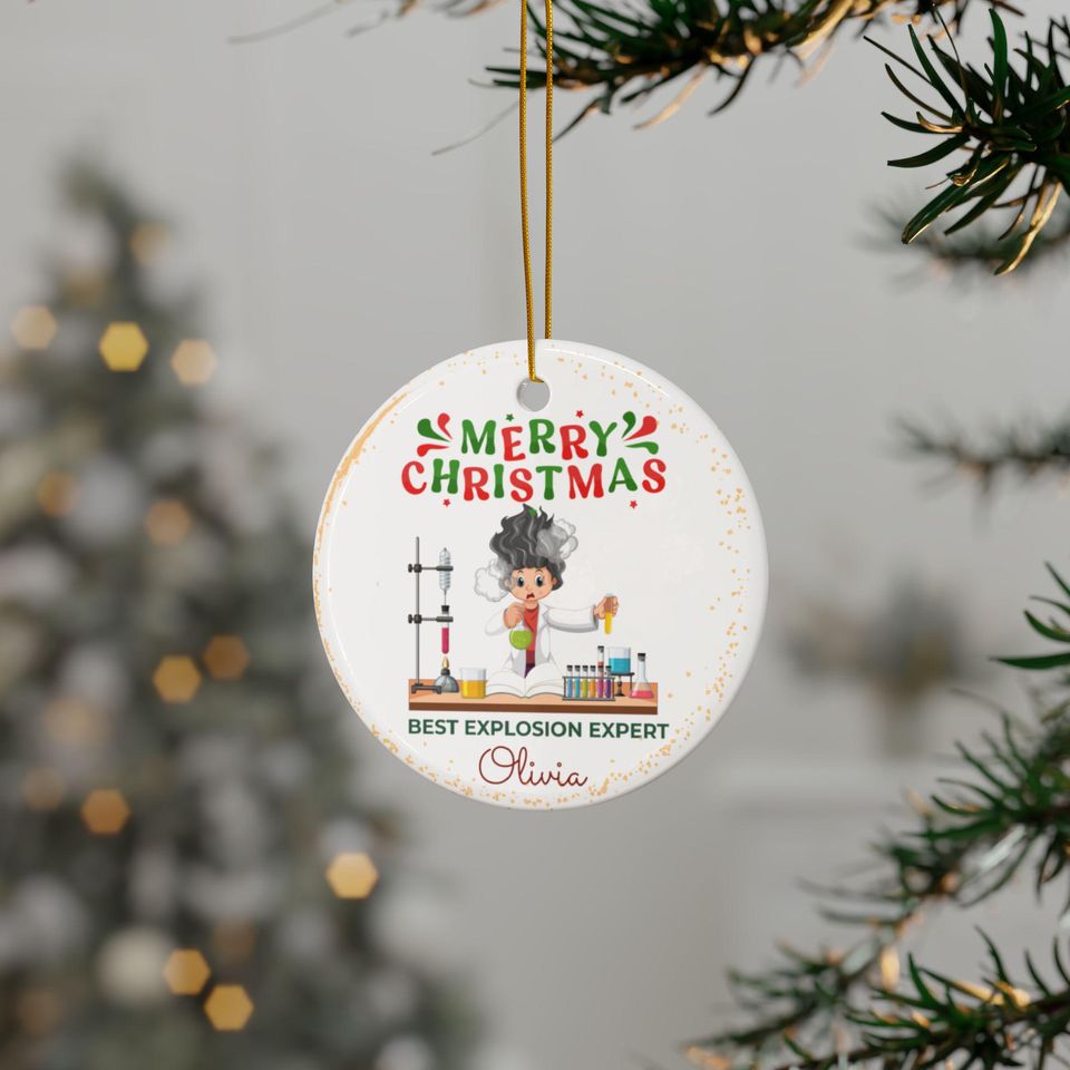 Personalized Scientist Christmas Ornament: Funny Explosion Expert Ceramic Decoration