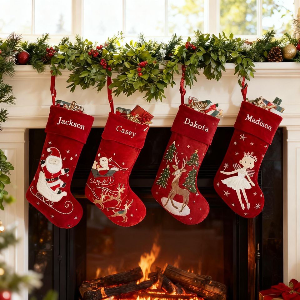 Custom Classic Embroidered Christmas Stocking,Personalized Red Velvet Christmas Stocking