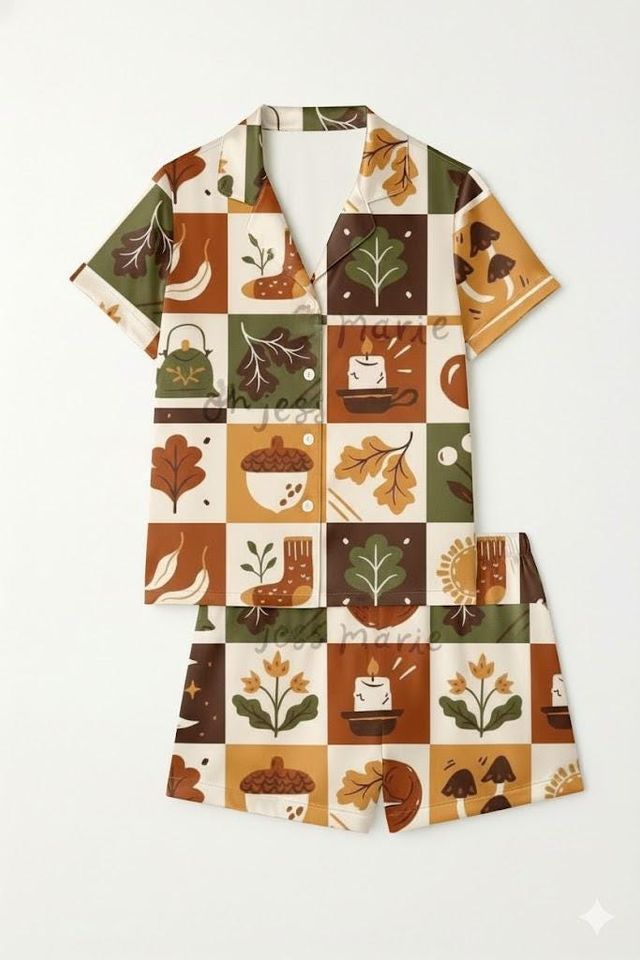Autumn Patchwork Pajama Set, Cozy Fall Sleepwear,  Cottagecore Lounge Set