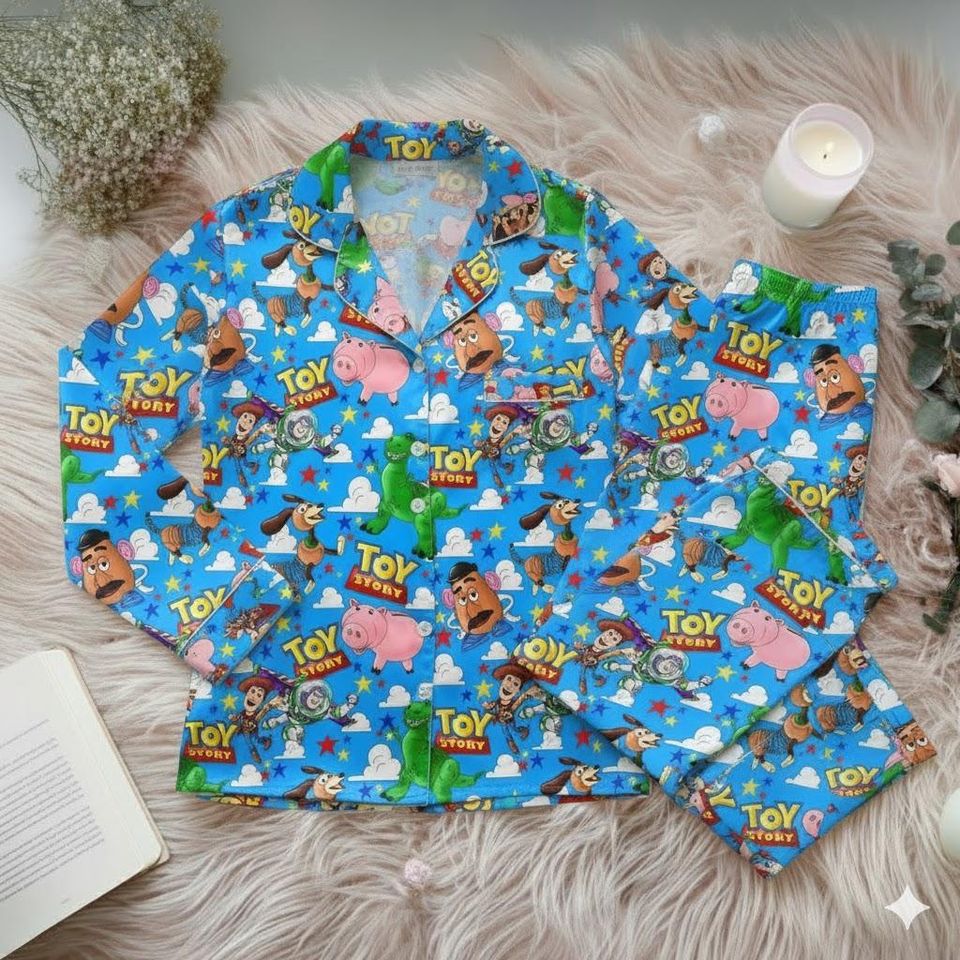 Woody Buzz Rex Hamm Mr Potato Cartoon Satin Sleepwear, Matching Family PJs