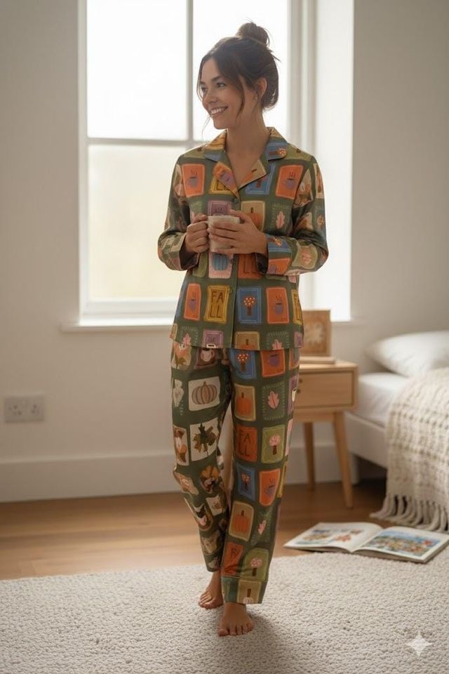 Retro Fall Coffee Pajama Set, Cozy Autumn Sleepwear