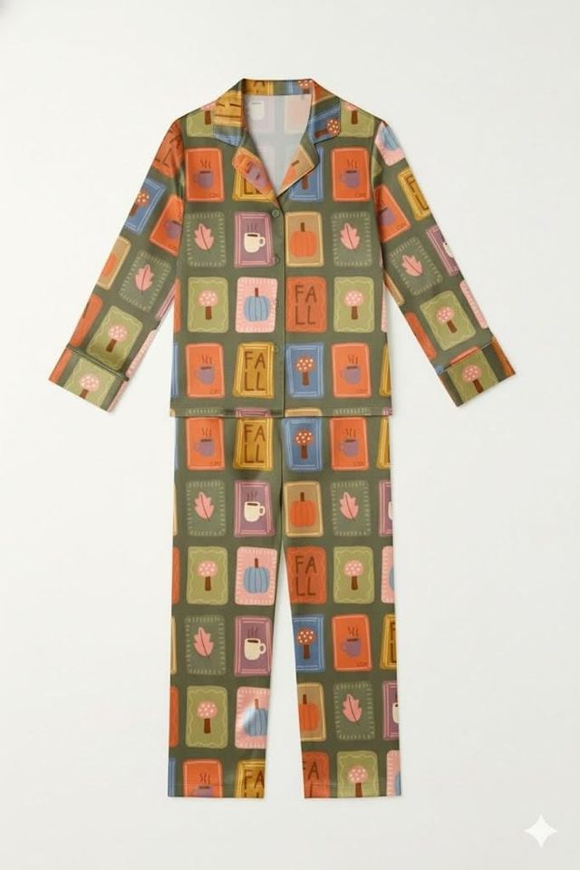 Retro Fall Coffee Pajama Set, Cozy Autumn Sleepwear