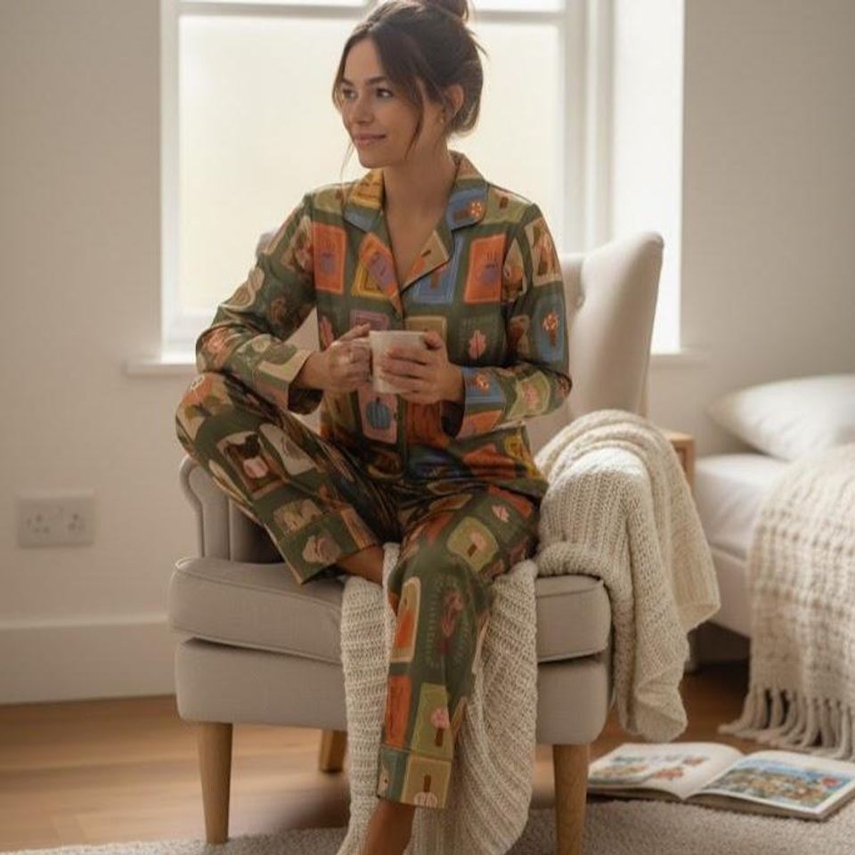Retro Fall Coffee Pajama Set, Cozy Autumn Sleepwear
