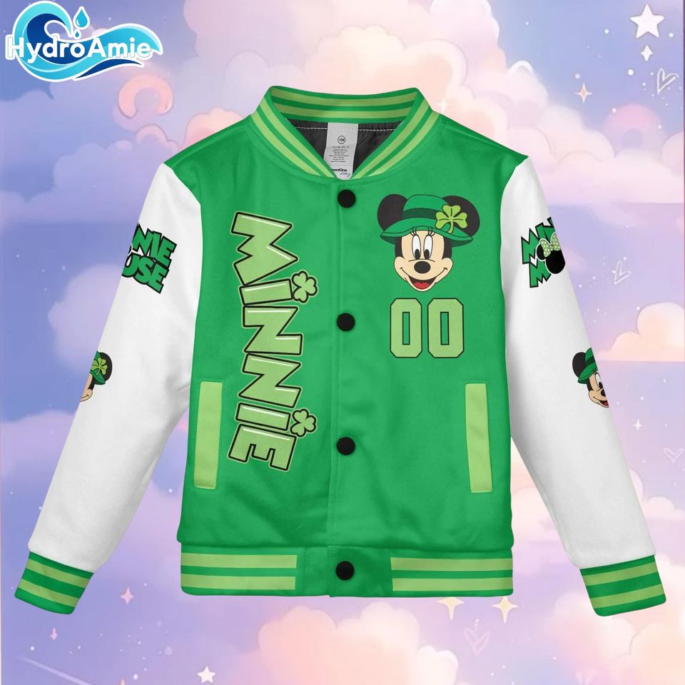Personalize Minnie Mouse St Patricks Day Varsity Jacket, Custom Mickey and Friends Baseball Jacket, Lucky Gift