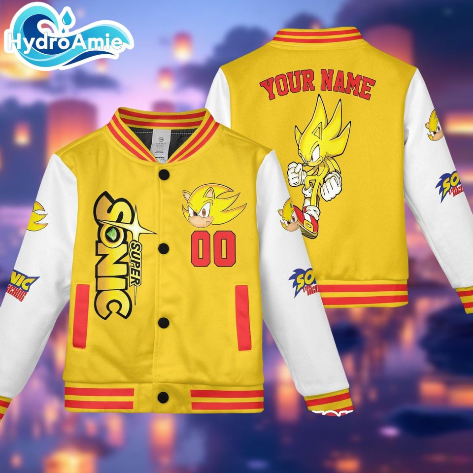 Personalize Super Sonic Varsity Jacket, Custom Sonic the Hedgehog Baseball Jacket