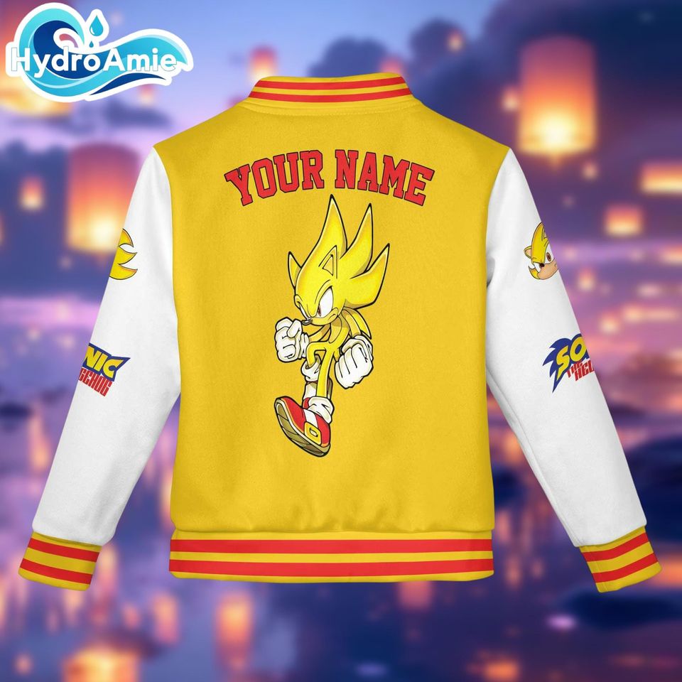 Personalize Super Sonic Varsity Jacket, Custom Sonic the Hedgehog Baseball Jacket