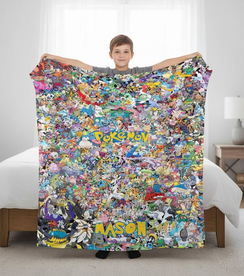 Personalized Catch Em All Poke Blanket | Custom Name Gamer Home Decor Throw