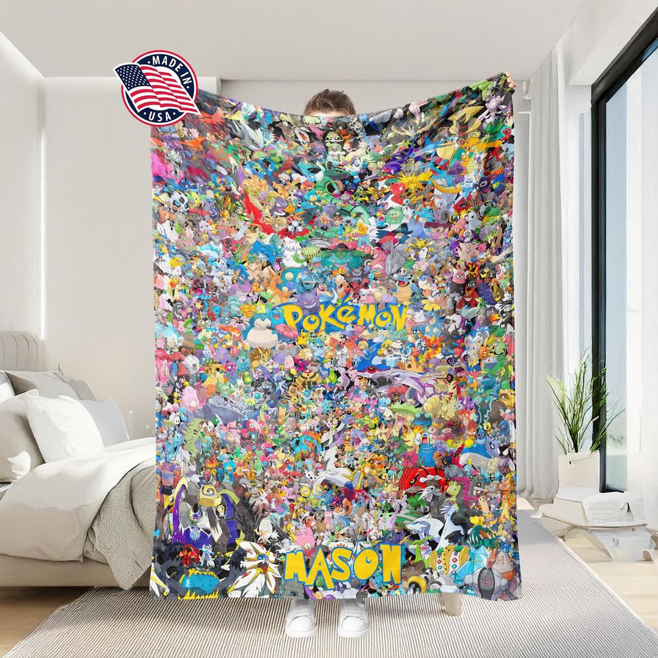 Personalized Catch Em All Poke Blanket | Custom Name Gamer Home Decor Throw