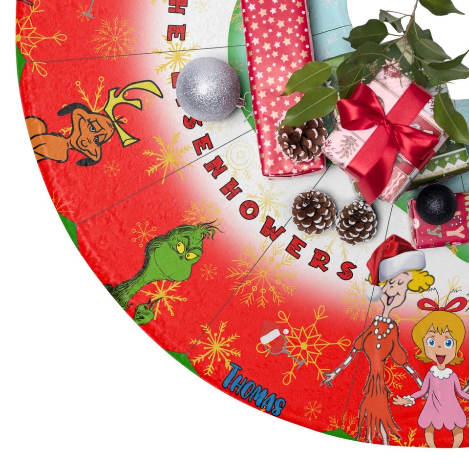 Personalized Grinchee Christmas Tree Skirt with Custom Name and Retro Grumpy Guy Design