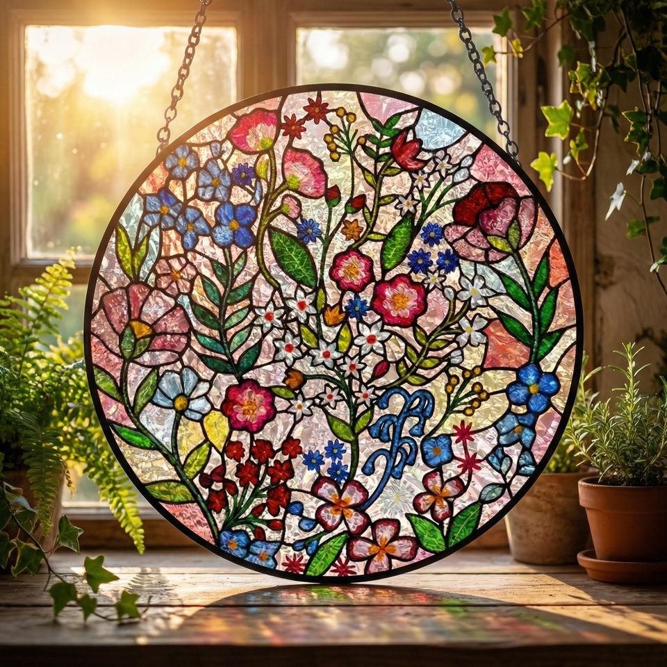 Forest Emerald Suncatcher  Embroidered-Style Floral Window Hanging  Boho Folk Art Gift