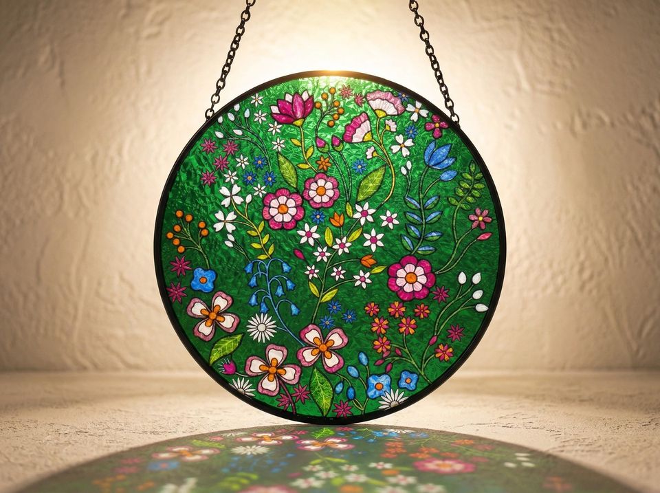 Forest Emerald Suncatcher  Embroidered-Style Floral Window Hanging  Boho Folk Art Gift