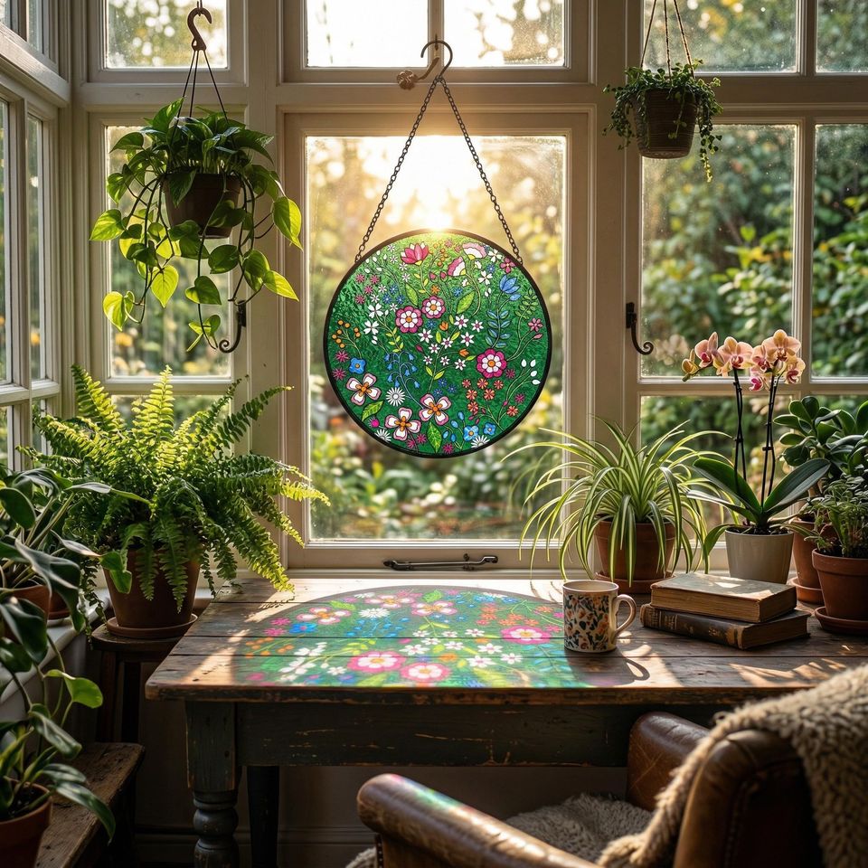 Forest Emerald Suncatcher  Embroidered-Style Floral Window Hanging  Boho Folk Art Gift