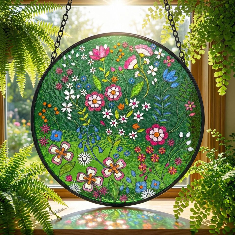 Forest Emerald Suncatcher  Embroidered-Style Floral Window Hanging  Boho Folk Art Gift