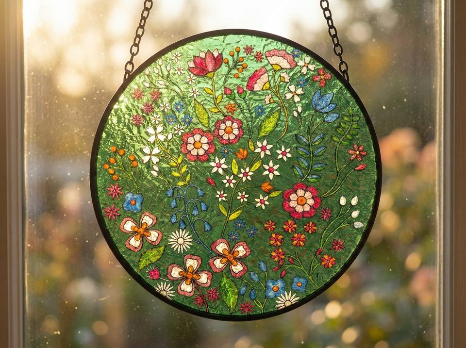 Forest Emerald Suncatcher  Embroidered-Style Floral Window Hanging  Boho Folk Art Gift