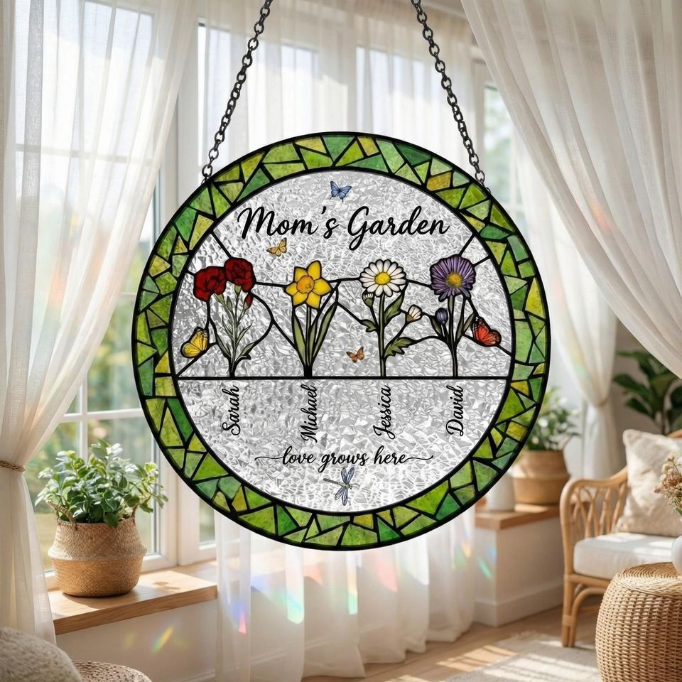 Personalized Birth Flower Suncatcher  Custom Mom's Garden Art  Birthday Gift for Her