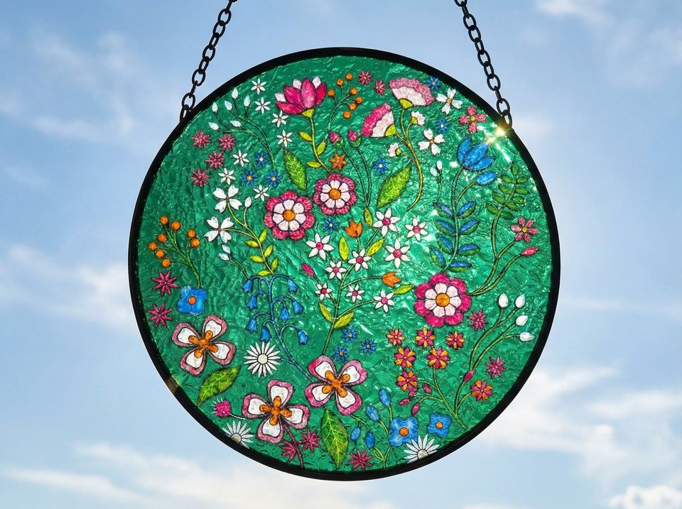 Forest Emerald Suncatcher  Embroidered-Style Floral Window Hanging  Boho Folk Art Gift