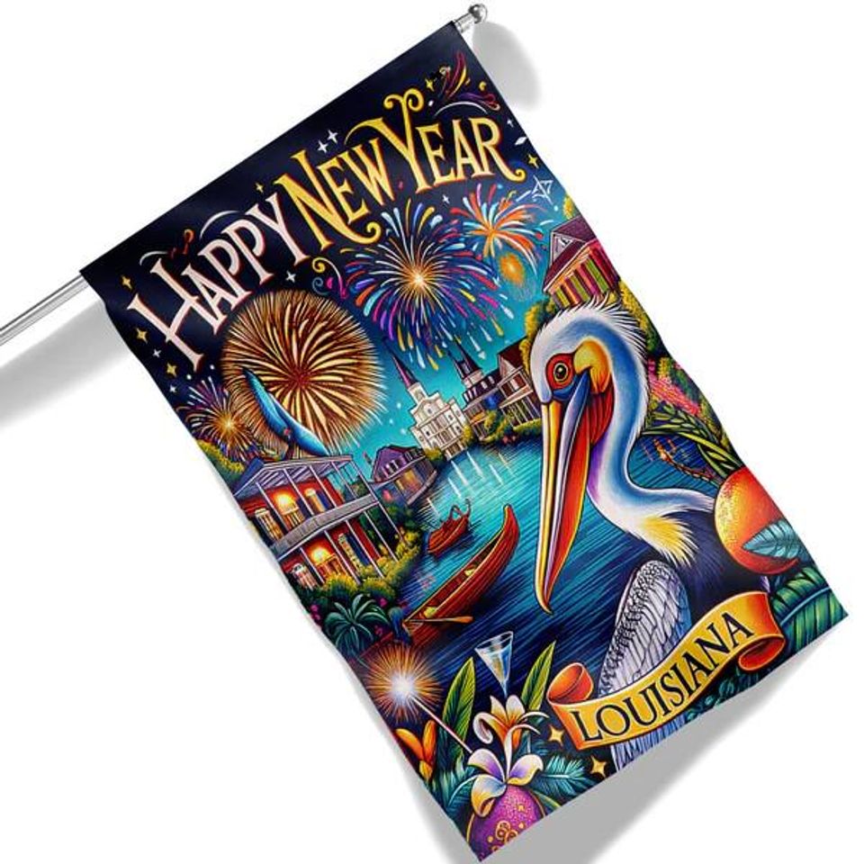 Louisiana Happy New Year Pelican Flag