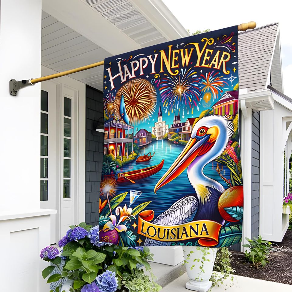 Louisiana Happy New Year Pelican Flag