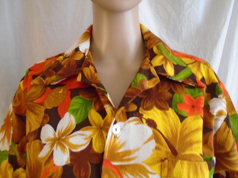 Vintage 1960s Hawaiian Shirt Barkcloth Orange Yellow Brown Medium