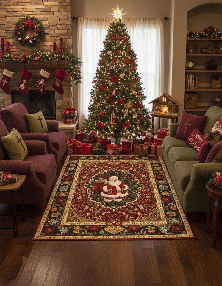 Vintage Christmas Santa Rug, Washable Holiday Decor, Seasonal Living Room Accent
