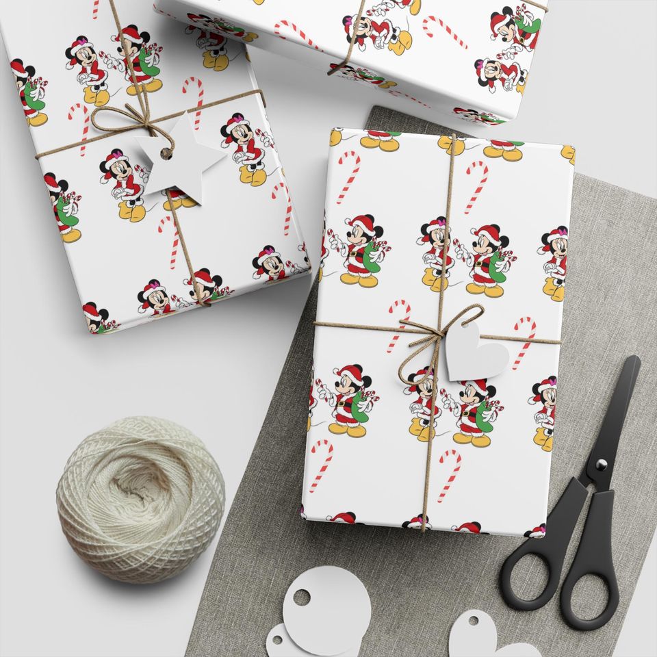 Gift Wrapping Paper, Mickey Mouse Candy Cane Christmas Wrap, Holiday Paper Roll, Festive Gift Wrap Roll, Xmas Present Sheets, Disney Gift
