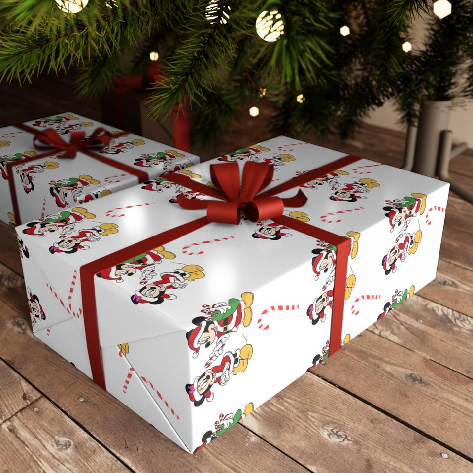 Gift Wrapping Paper, Mickey Mouse Candy Cane Christmas Wrap, Holiday Paper Roll, Festive Gift Wrap Roll, Xmas Present Sheets, Disney Gift