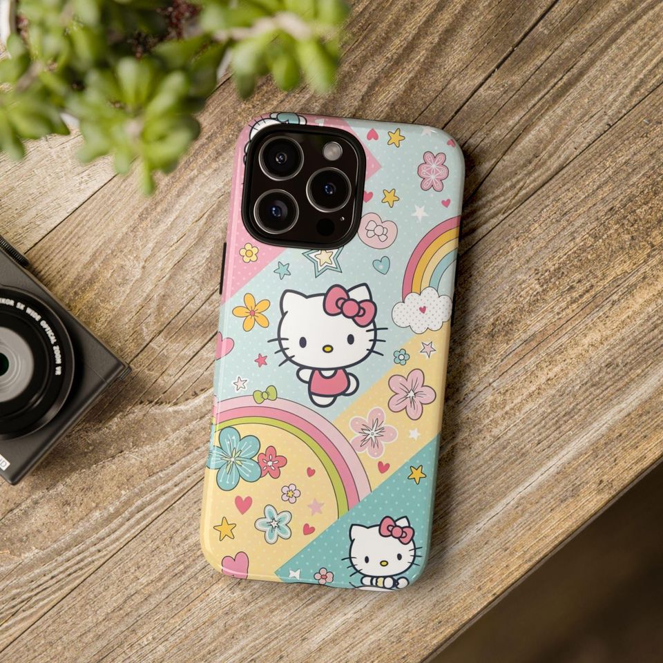 Hello Kitty Pastel Rainbow iPhone Case, Sanrio Kawaii Star Flower Pattern