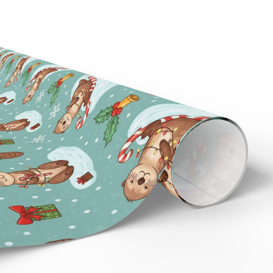 Otter Christmas Wrapping Paper | Playful Candy Cane Design