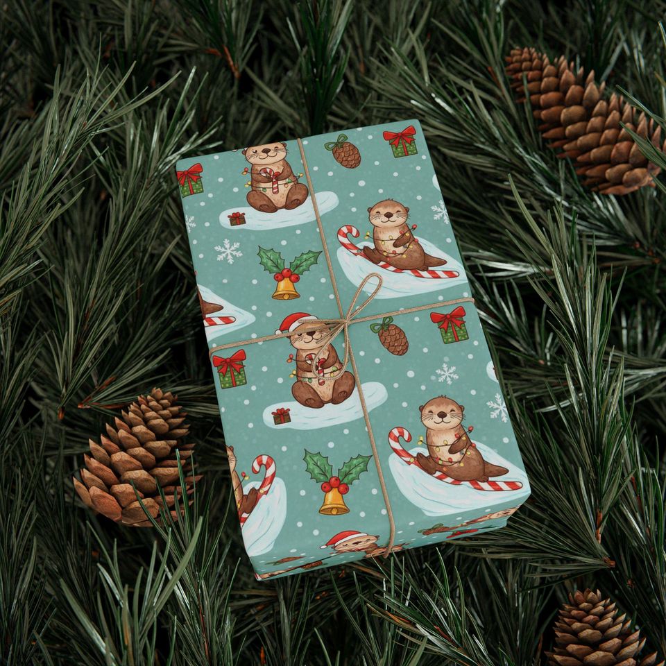 Otter Christmas Wrapping Paper | Playful Candy Cane Design