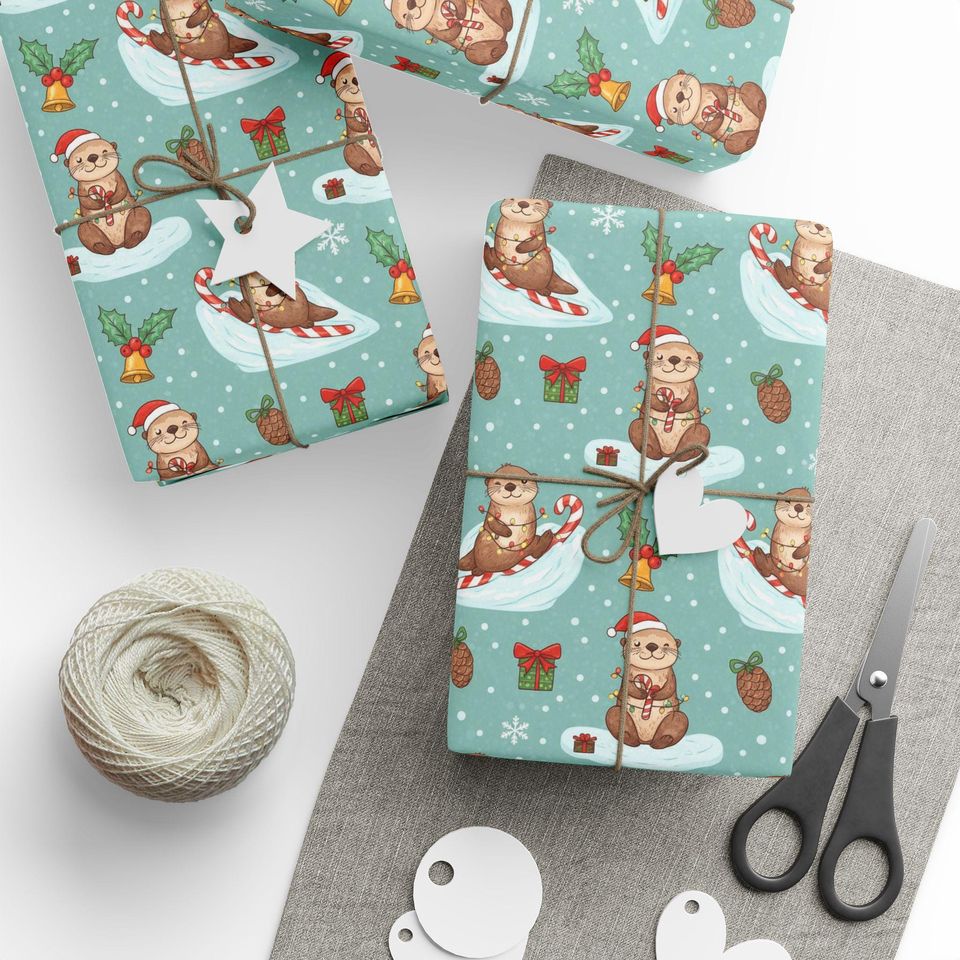 Otter Christmas Wrapping Paper | Playful Candy Cane Design