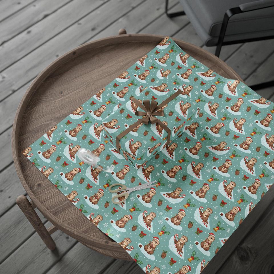 Otter Christmas Wrapping Paper | Playful Candy Cane Design