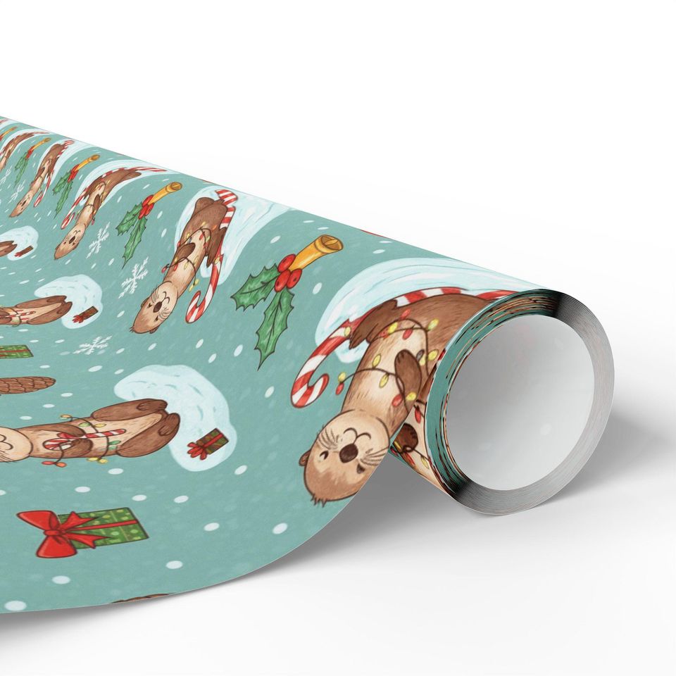 Otter Christmas Wrapping Paper | Playful Candy Cane Design