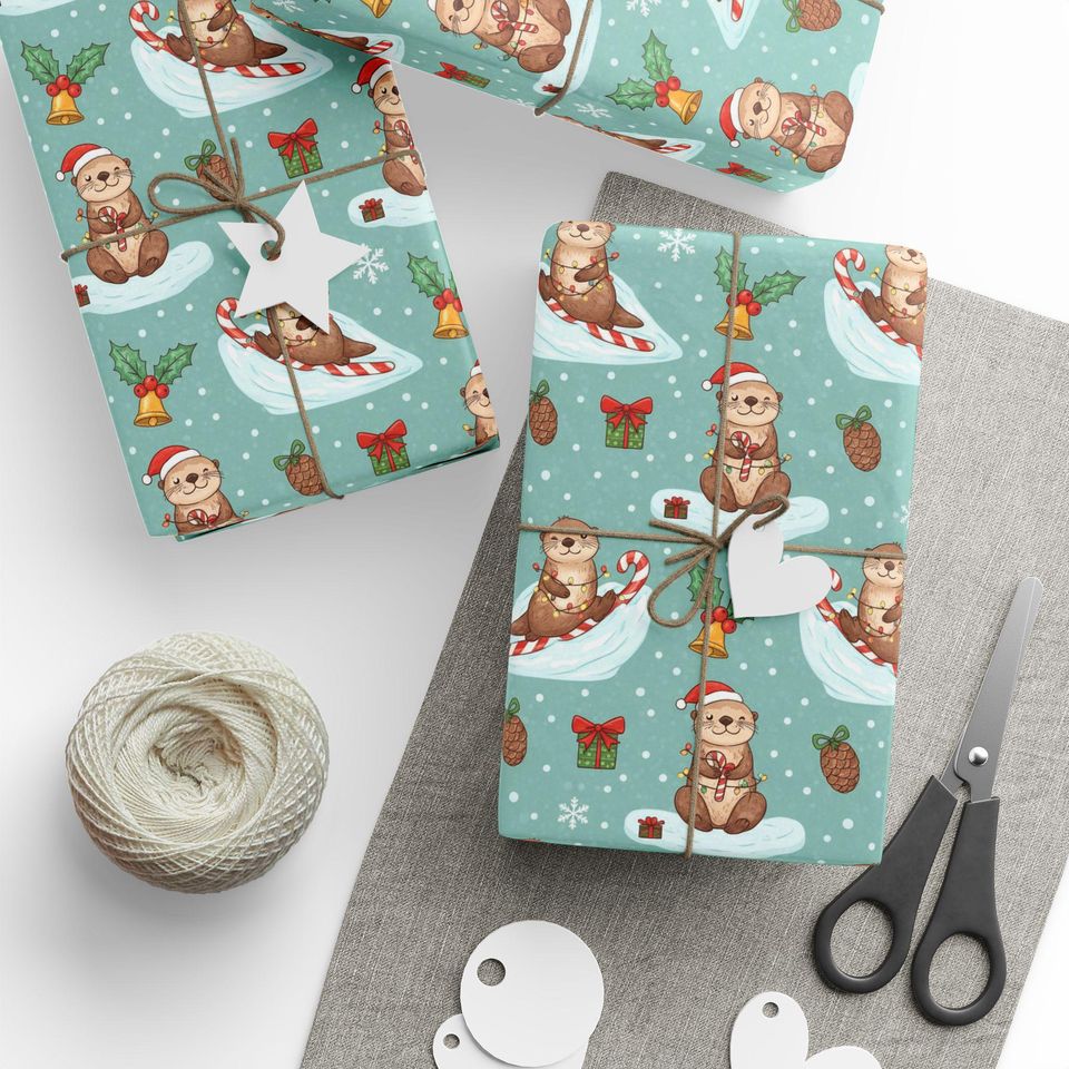 Otter Christmas Wrapping Paper | Playful Candy Cane Design