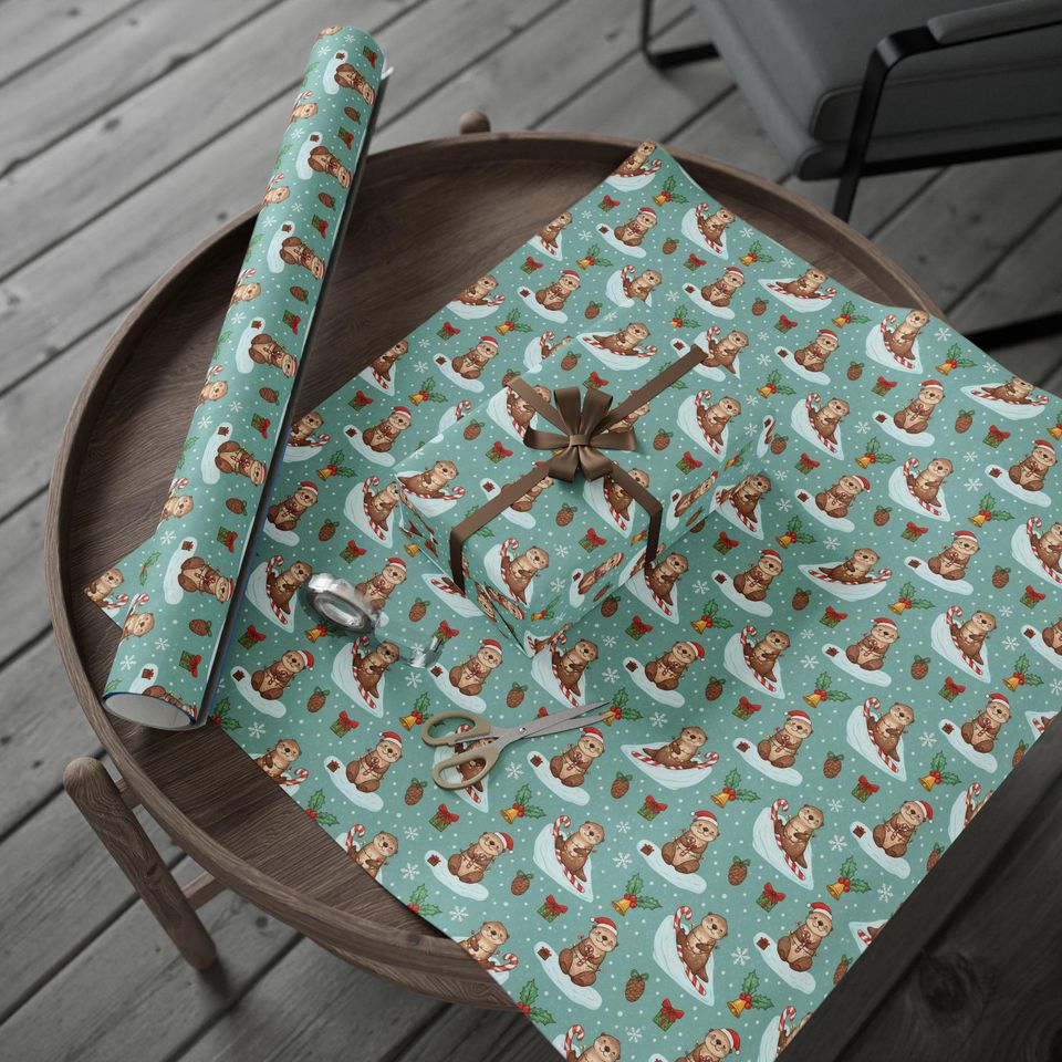 Otter Christmas Wrapping Paper | Playful Candy Cane Design