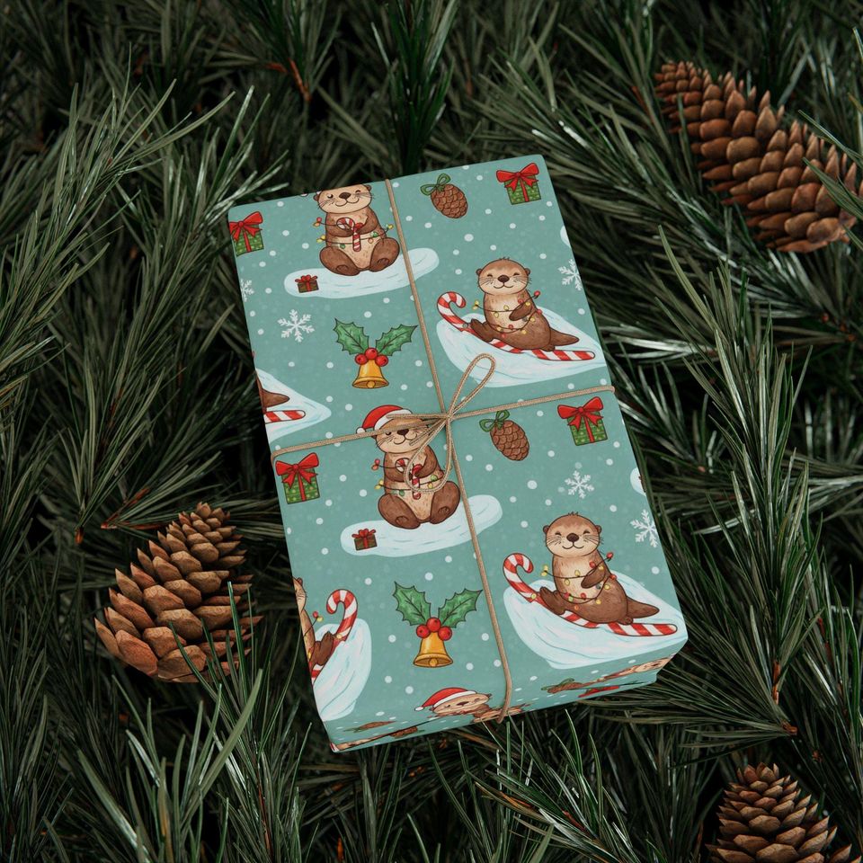 Otter Christmas Wrapping Paper | Playful Candy Cane Design