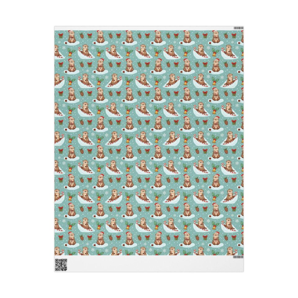 Otter Christmas Wrapping Paper | Playful Candy Cane Design