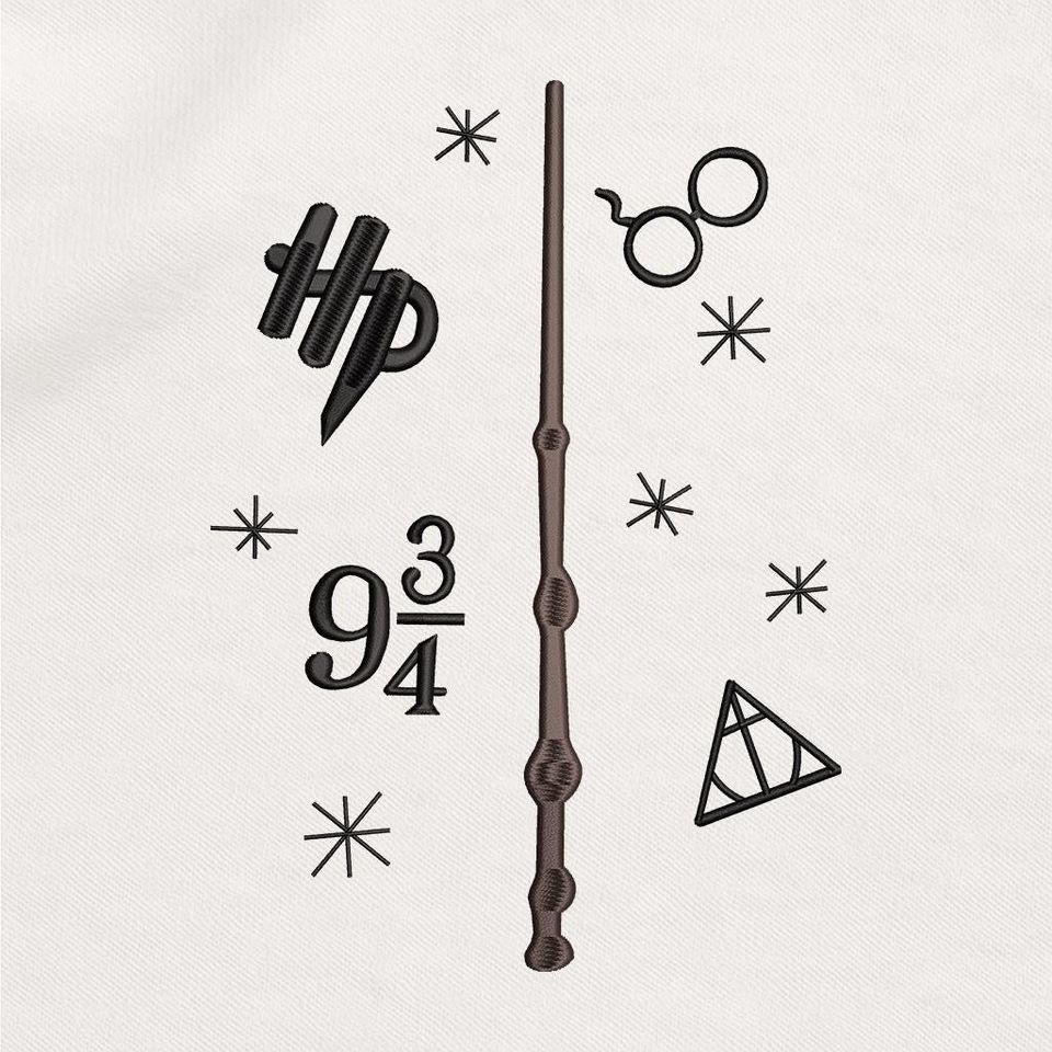 Harry Wizard Embroidery Design, Magic Wand Embroidery File, Wizard Glasses 9 3/4 Symbol Pattern, Digital Machine Embroidery Instant Download