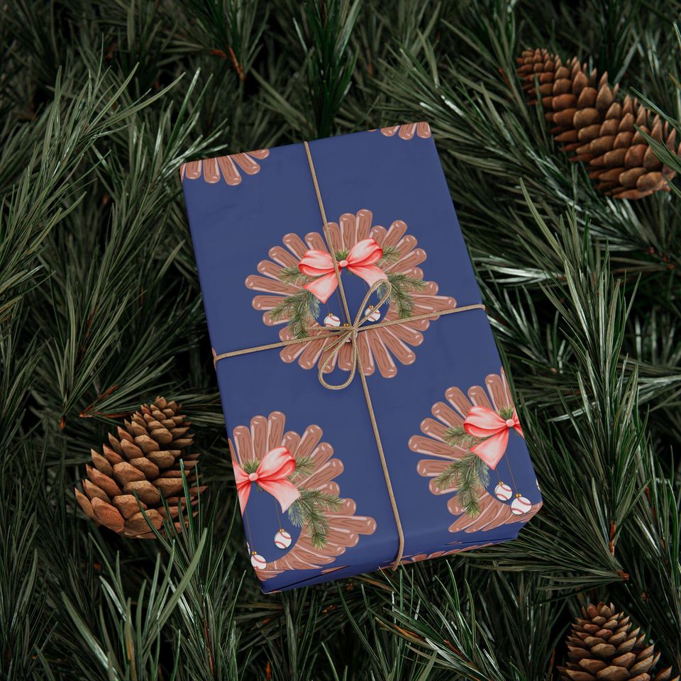 Festive Baseball-Themed Christmas Wreath Wrapping Paper