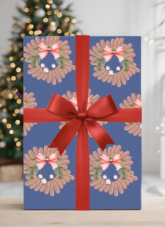 Festive Baseball-Themed Christmas Wreath Wrapping Paper