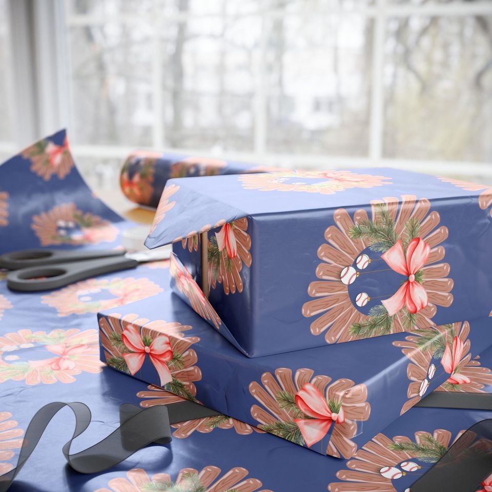 Festive Baseball-Themed Christmas Wreath Wrapping Paper
