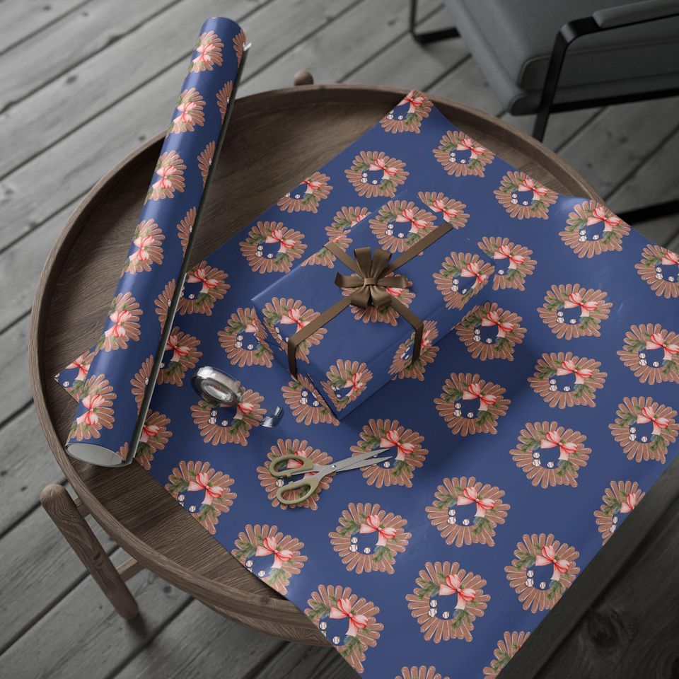 Festive Baseball-Themed Christmas Wreath Wrapping Paper