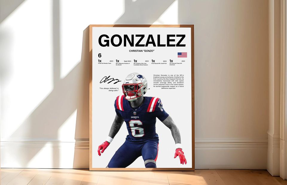 Christian Gonzalez Poster, New England Patriots Print, football Wall Art, Football Poster, Sports Decor, football Fans Gift, Sports Bedroom Art