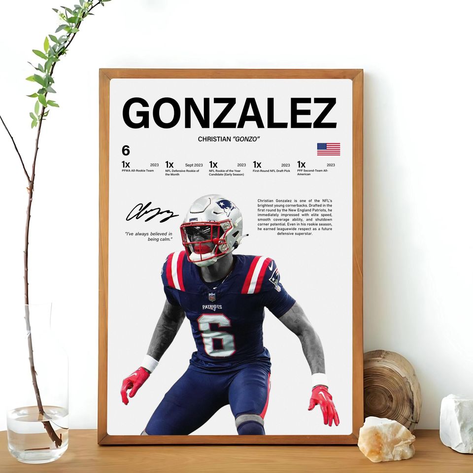 Christian Gonzalez Poster, New England Patriots Print, football Wall Art, Football Poster, Sports Decor, football Fans Gift, Sports Bedroom Art