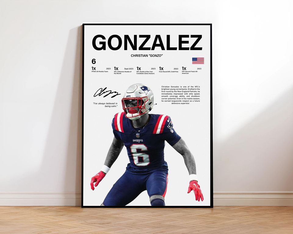 Christian Gonzalez Poster, New England Patriots Print, football Wall Art, Football Poster, Sports Decor, football Fans Gift, Sports Bedroom Art
