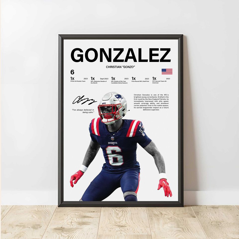 Christian Gonzalez Poster, New England Patriots Print, football Wall Art, Football Poster, Sports Decor, football Fans Gift, Sports Bedroom Art
