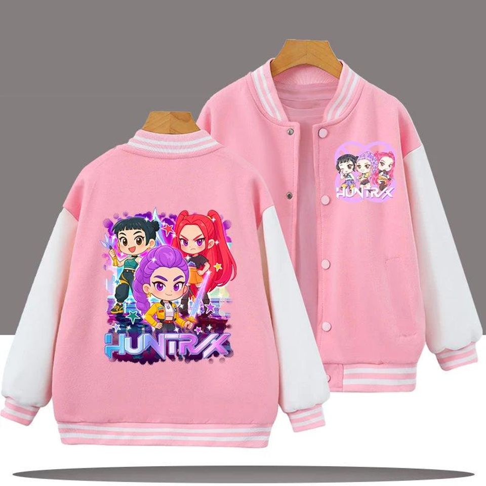 Cartoon Print Varsity Jacket for Kids Ages 3-12 Pink Baseball Style Outerwear