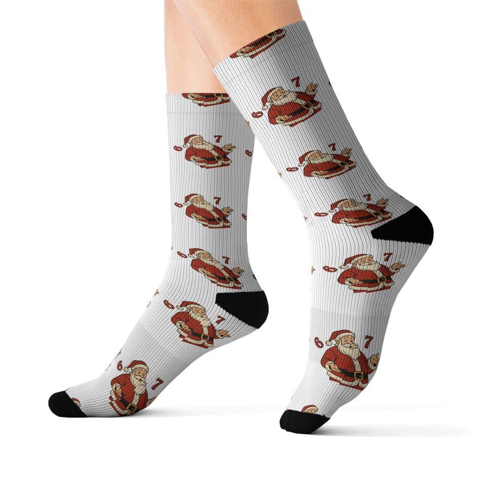 67 Santa Pattern Sublimation Socks | Christmas Holiday Novelty Socks