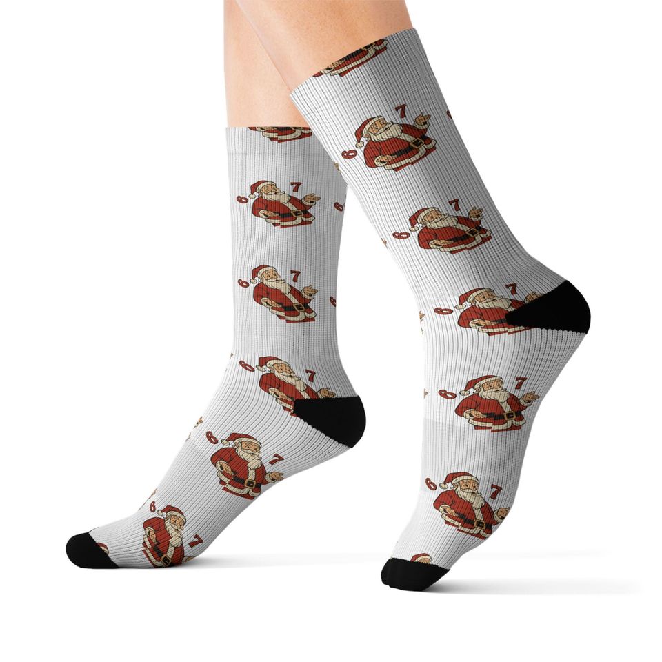 67 Santa Pattern Sublimation Socks | Christmas Holiday Novelty Socks